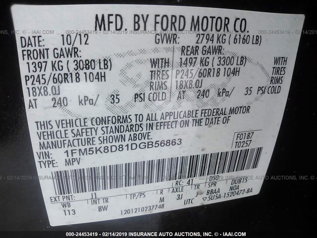 1FM5K8D81DGB56863 - 2013 FORD EXPLORER XLT BLACK photo 9