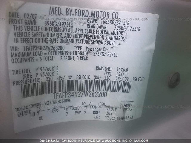 1FAFP34N27W263200 - 2007 FORD FOCUS ZX4/S/SE/SES SILVER photo 9