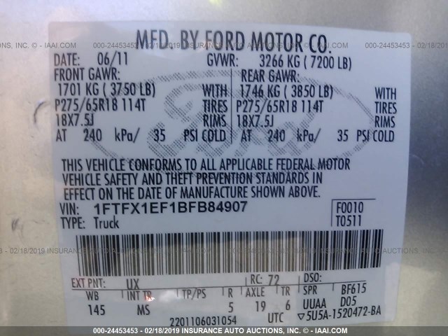 1FTFX1EF1BFB84907 - 2011 FORD F150 SUPER CAB SILVER photo 9