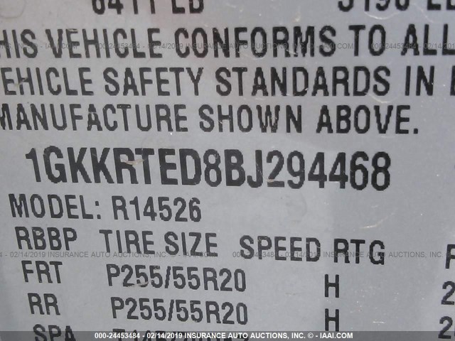 1GKKRTED8BJ294468 - 2011 GMC ACADIA DENALI SILVER photo 9