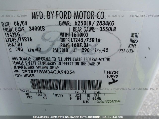 2FTRF18W34CA94054 - 2004 FORD F-150 HERITAGE CLASSIC WHITE photo 9