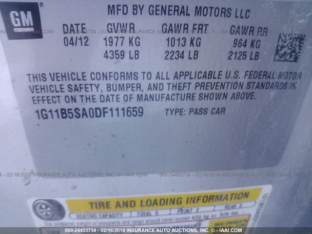 1G11B5SA0DF111659 - 2013 CHEVROLET MALIBU LS ვერცხლისფერი ფოტო 9