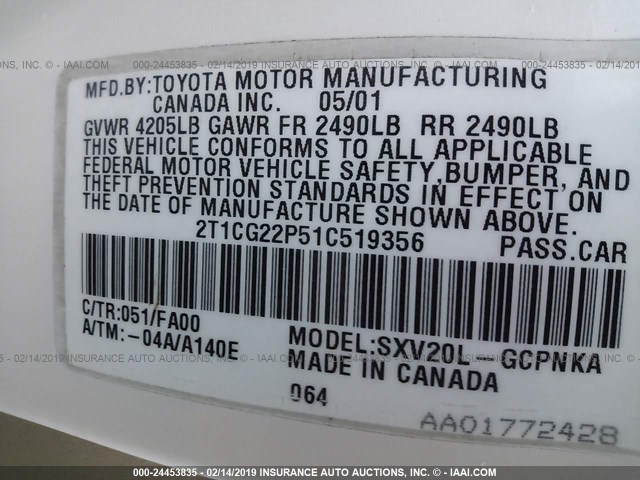 2T1CG22P51C519356 - 2001 TOYOTA CAMRY SOLARA SE WHITE photo 9