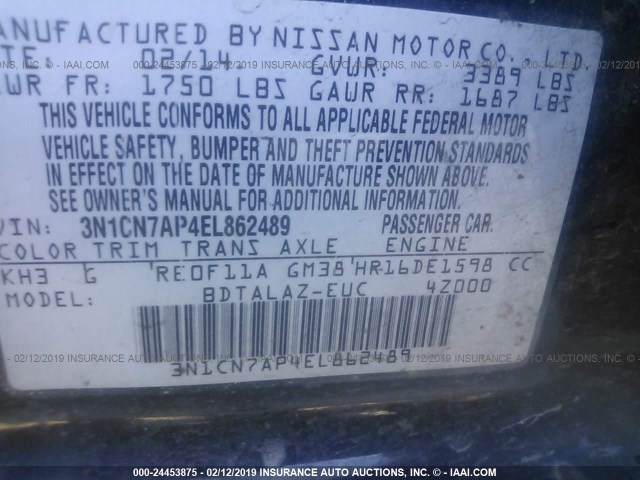 3N1CN7AP4EL862489 - 2014 NISSAN VERSA S/S PLUS/SV/SL BLACK photo 9