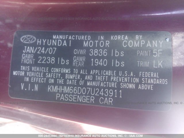 KMHHM66D07U243911 - 2007 HYUNDAI TIBURON GS BURGUNDY photo 9