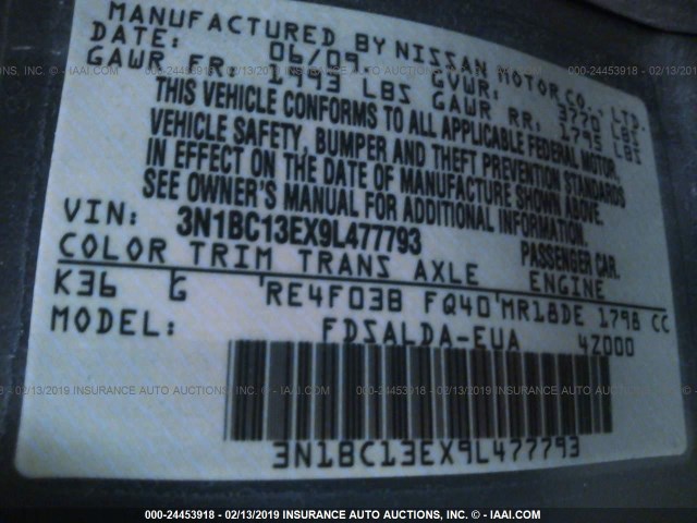 3N1BC13EX9L477793 - 2009 NISSAN VERSA S/SL GRAY photo 9