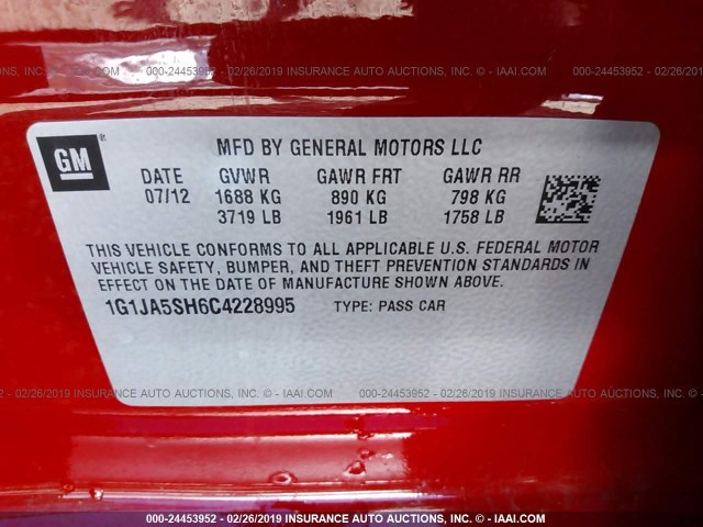 1G1JA5SH6C4228995 - 2012 CHEVROLET SONIC LS RED photo 9