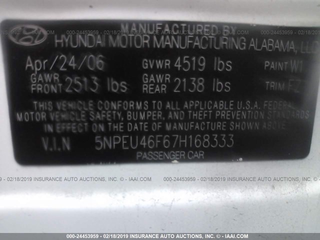 5NPEU46F67H168333 - 2007 HYUNDAI SONATA SE/LIMITED WHITE photo 9