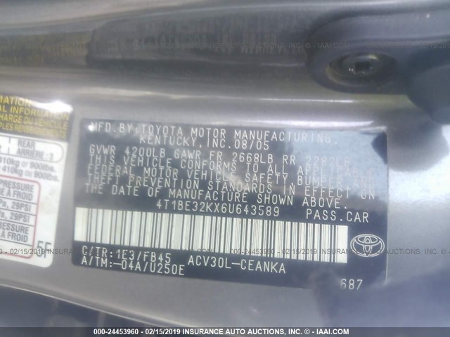 4T1BE32KX6U643589 - 2006 TOYOTA CAMRY LE/XLE/SE GRAY photo 9