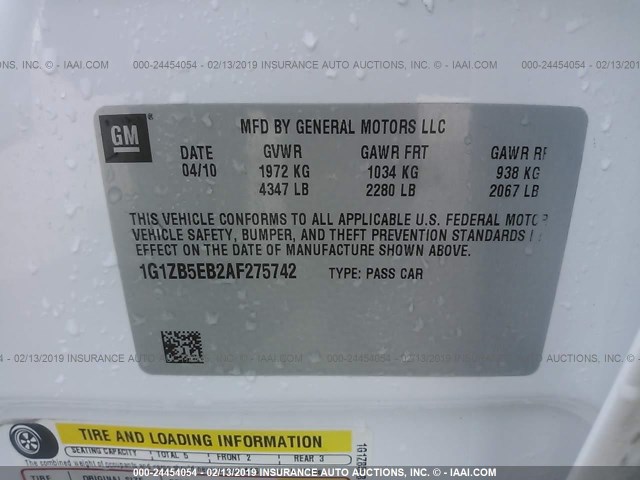 1G1ZB5EB2AF275742 - 2010 CHEVROLET MALIBU LS WHITE photo 9