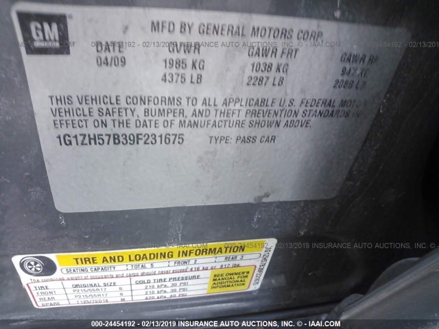 1G1ZH57B39F231675 - 2009 CHEVROLET MALIBU 1LT ნაცრისფერი ფოტო 9