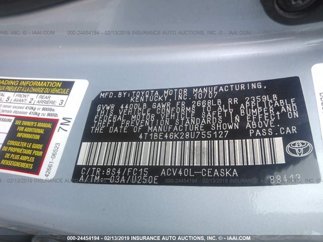 4T1BE46K28U755127 - 2008 TOYOTA CAMRY CE/LE/XLE/SE 浅蓝色 照片 9