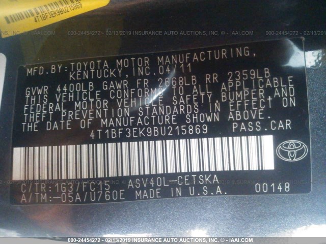 4T1BF3EK9BU215869 - 2011 TOYOTA CAMRY SE/LE/XLE GRAY photo 9