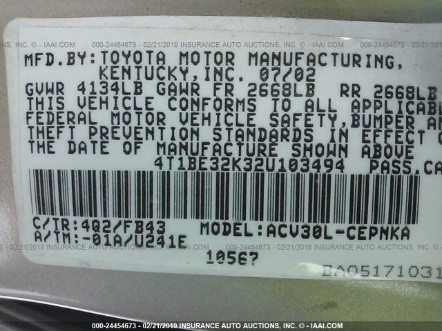 4T1BE32K32U103494 - 2002 TOYOTA CAMRY LE/XLE/SE BEIGE photo 9