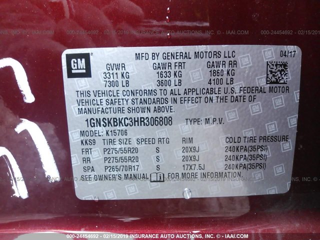 1GNSKBKC3HR306808 - 2017 CHEVROLET TAHOE K1500 LT MAROON photo 9