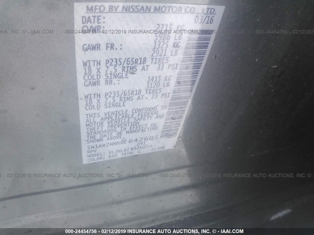 5N1AR2MMXGC642605 - 2016 NISSAN PATHFINDER S/SV/SL/PLATINUM GRAY photo 9