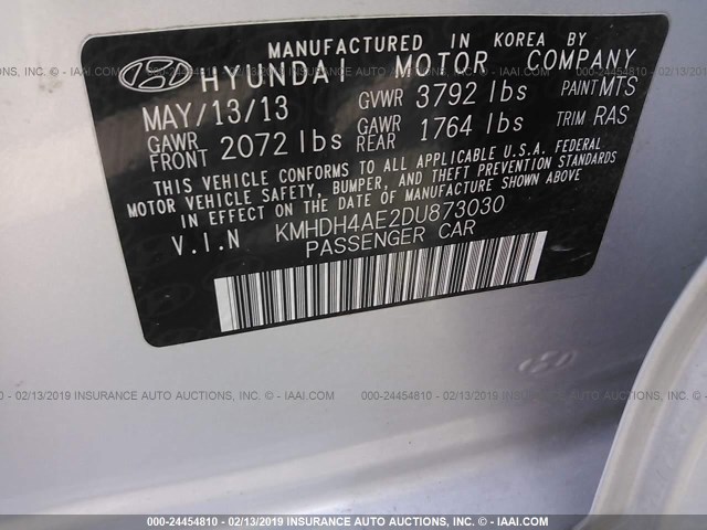 KMHDH4AE2DU873030 - 2013 HYUNDAI ELANTRA GLS/LIMITED SILVER photo 9