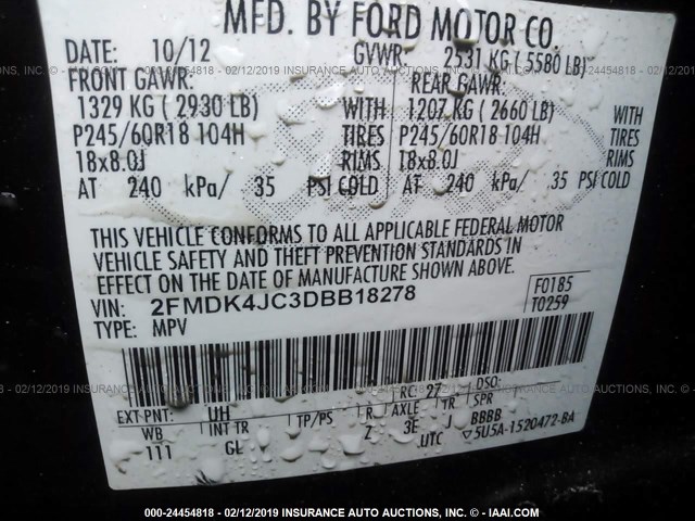 2FMDK4JC3DBB18278 - 2013 FORD EDGE SEL BLACK photo 9