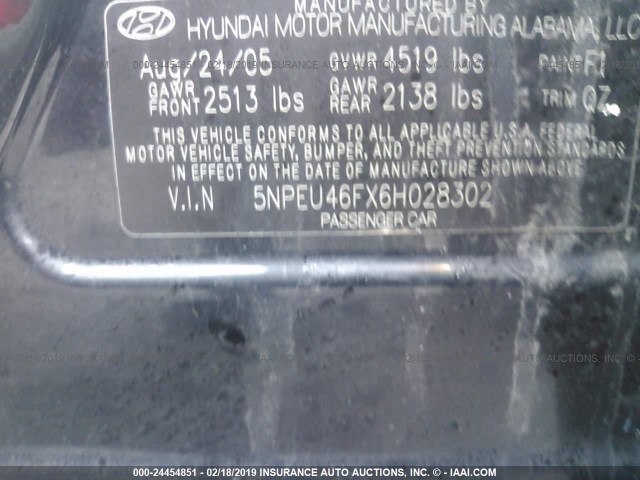 5NPEU46FX6H028302 - 2006 HYUNDAI SONATA GLS/LX BLACK photo 9