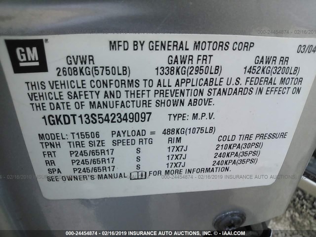 1GKDT13S542349097 - 2004 GMC ENVOY SILVER photo 9