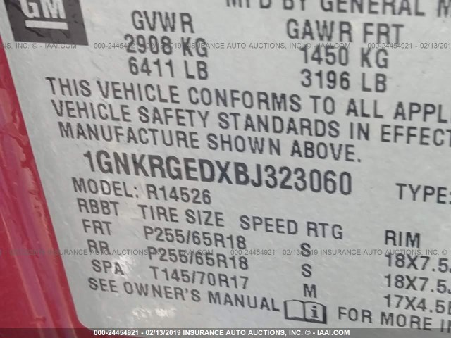 1GNKRGEDXBJ323060 - 2011 CHEVROLET TRAVERSE LT MAROON photo 9