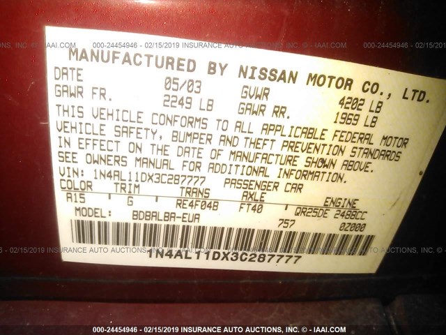 1N4AL11DX3C287777 - 2003 NISSAN ALTIMA S/SL MAROON photo 9