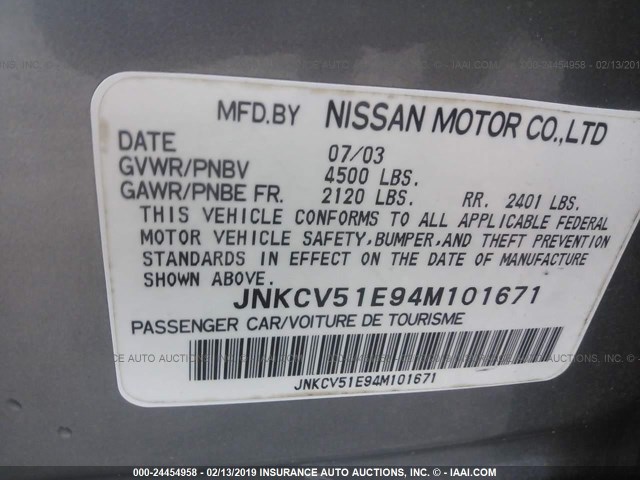 JNKCV51E94M101671 - 2004 INFINITI G35 GRAY photo 9