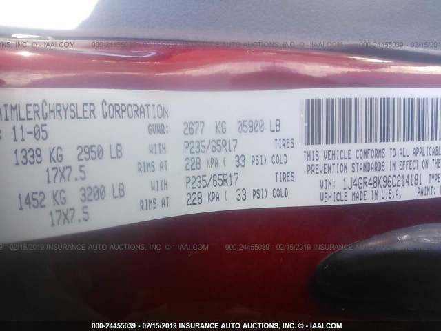 1J4GR48K96C214181 - 2006 JEEP GRAND CHEROKEE LAREDO/COLUMBIA/FREEDOM 红色 照片 9