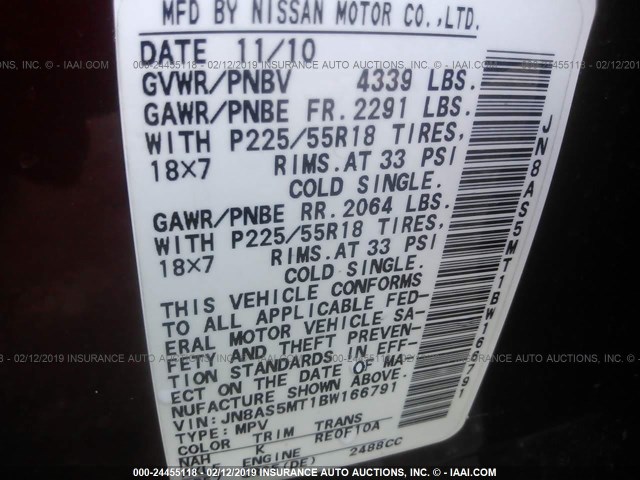 JN8AS5MT1BW166791 - 2011 NISSAN ROGUE S/SV/KROM BURGUNDY photo 9