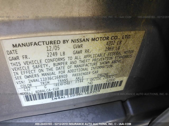 1N4AL11D36C168909 - 2006 NISSAN ALTIMA S/SL SILVER photo 9