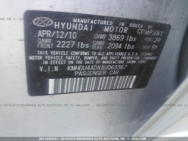 KMHDU4ADXAU063367 - 2010 HYUNDAI ELANTRA BLUE/GLS/SE SILVER photo 9