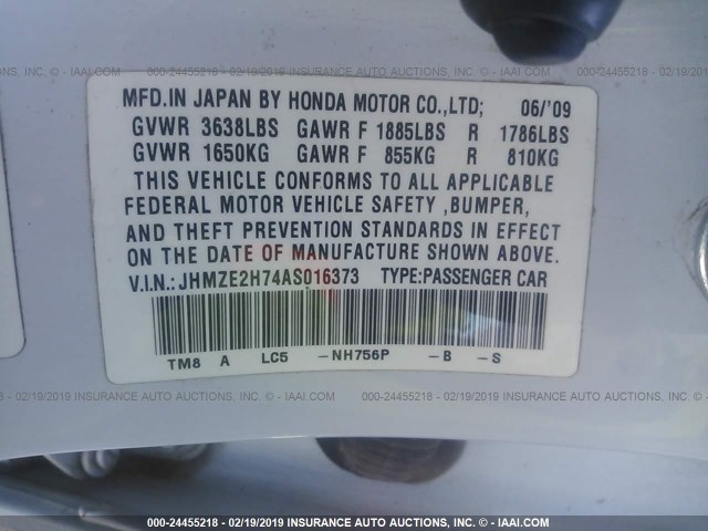 JHMZE2H74AS016373 - 2010 HONDA INSIGHT EX WHITE photo 9