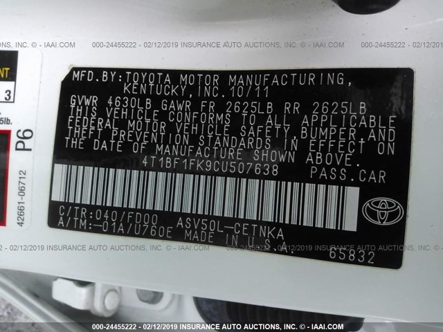 4T1BF1FK9CU507638 - 2012 TOYOTA CAMRY SE/LE/XLE 白色 照片 9