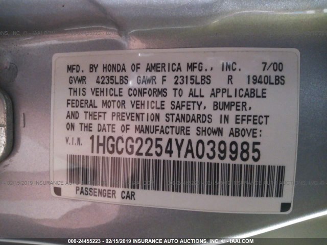 1HGCG2254YA039985 - 2000 HONDA ACCORD SILVER photo 9