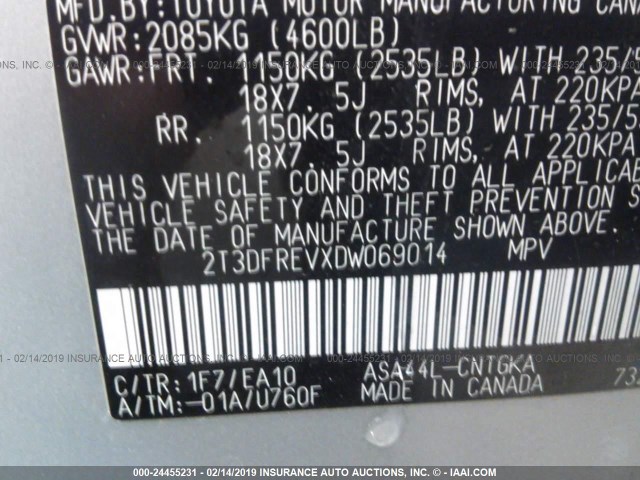 2T3DFREVXDW069014 - 2013 TOYOTA RAV4 LIMITED SILVER photo 9