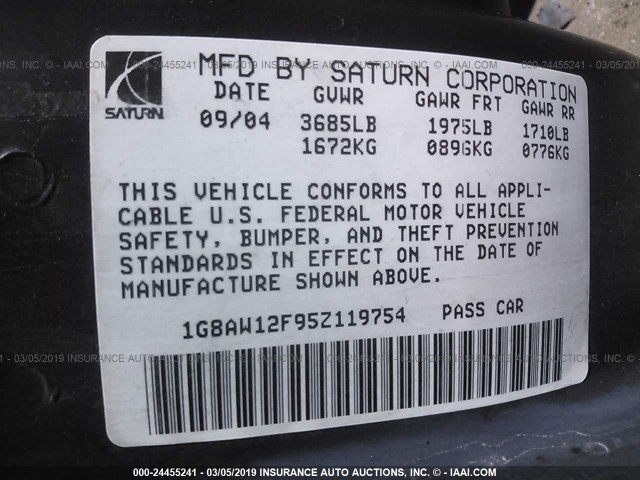 1G8AW12F95Z119754 - 2005 SATURN ION LEVEL 3 RED photo 9