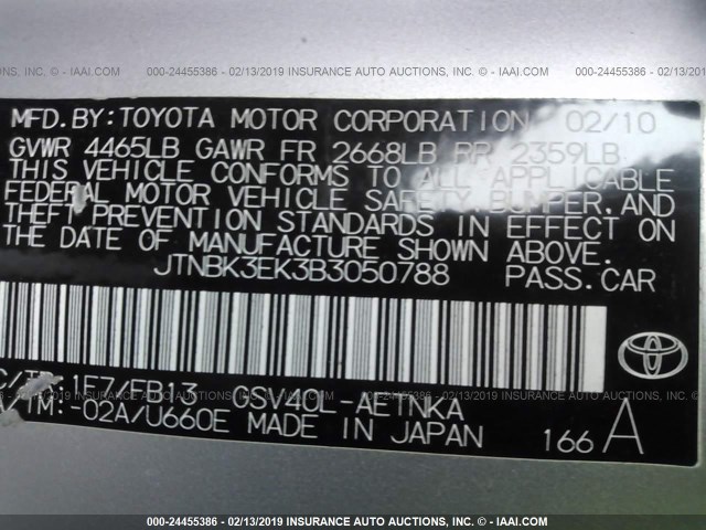 JTNBK3EK3B3050788 - 2011 TOYOTA CAMRY SE/LE/XLE 银色 照片 9