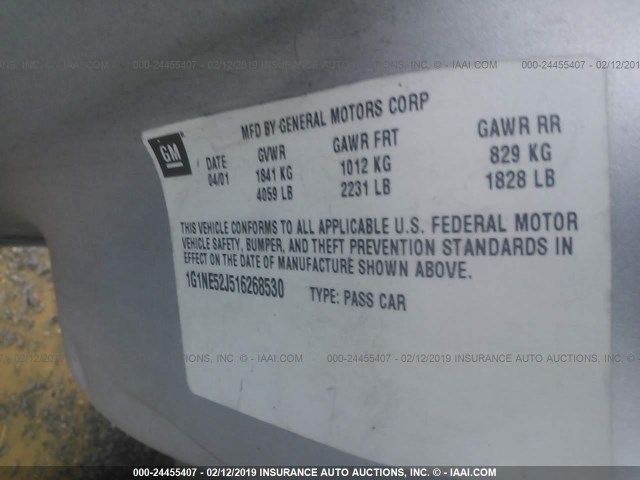 1G1NE52J516268530 - 2001 CHEVROLET MALIBU LS SILVER photo 9