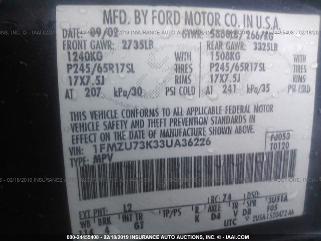 1FMZU73K33UA36226 - 2003 FORD EXPLORER XLT/XLT SPORT/NBX BLUE photo 9