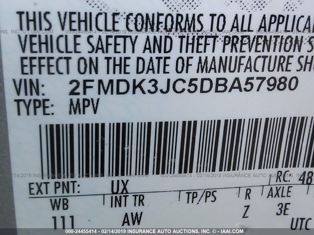 2FMDK3JC5DBA57980 - 2013 FORD EDGE SEL SILVER photo 9