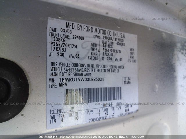 1FMRU15W03LB85034 - 2003 FORD EXPEDITION XLT SILVER photo 9