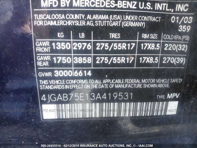 4JGAB75E13A419531 - 2003 MERCEDES-BENZ ML 500 Dark Blue photo 9