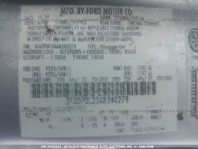 3FADP0L33AR240279 - 2010 FORD FUSION HYBRID SILVER photo 9