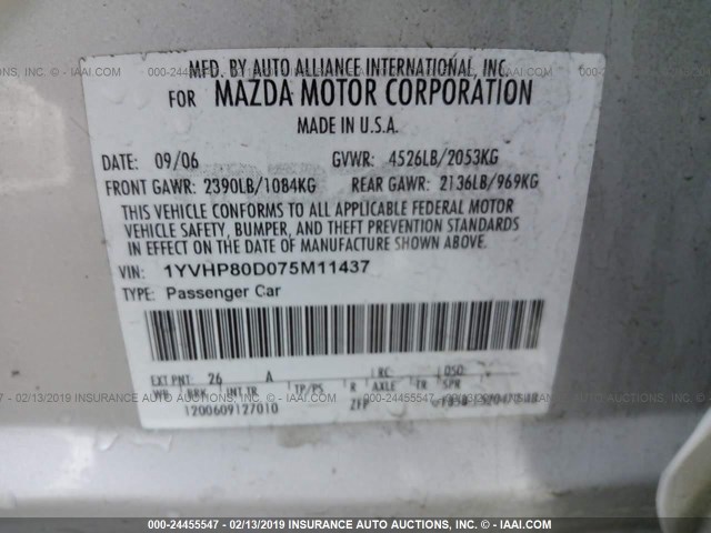 1YVHP80D075M11437 - 2007 MAZDA 6 S SILVER photo 9