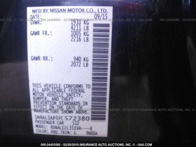 1N4AL3AP3FC572380 - 2015 NISSAN ALTIMA 2.5/S/SV/SL GRAY photo 9