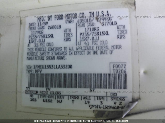 1FMEU15N3LLA53200 - 1990 FORD BRONCO U100 WHITE photo 9