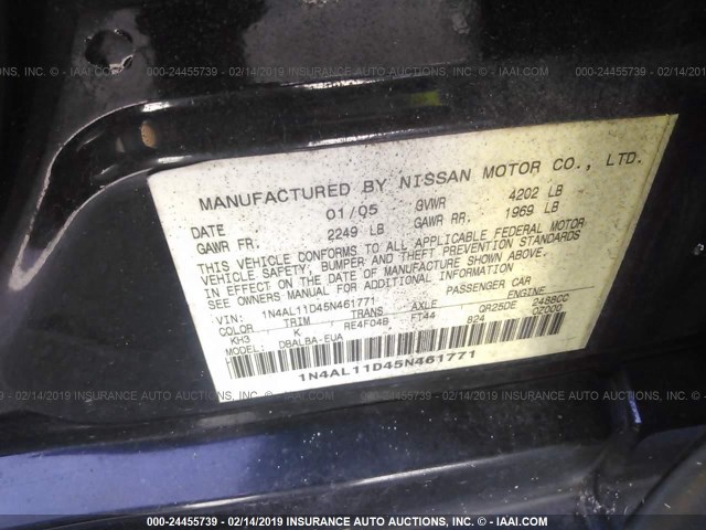 1N4AL11D45N461771 - 2005 NISSAN ALTIMA S/SL BLACK photo 9