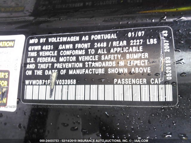 WVWDB71F47V033958 - 2007 VOLKSWAGEN EOS 3.2L SPORT BLACK photo 9