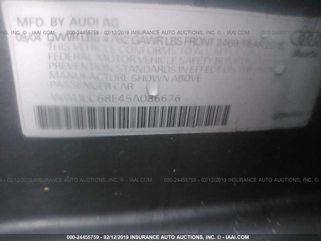 WAULC68E45A086676 - 2005 AUDI A4 1.8T QUATTRO/SPECIAL GRAY photo 9