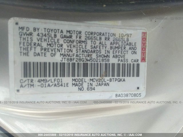 JT8BF28G3W5021858 - 1998 LEXUS ES 300 TAN photo 9